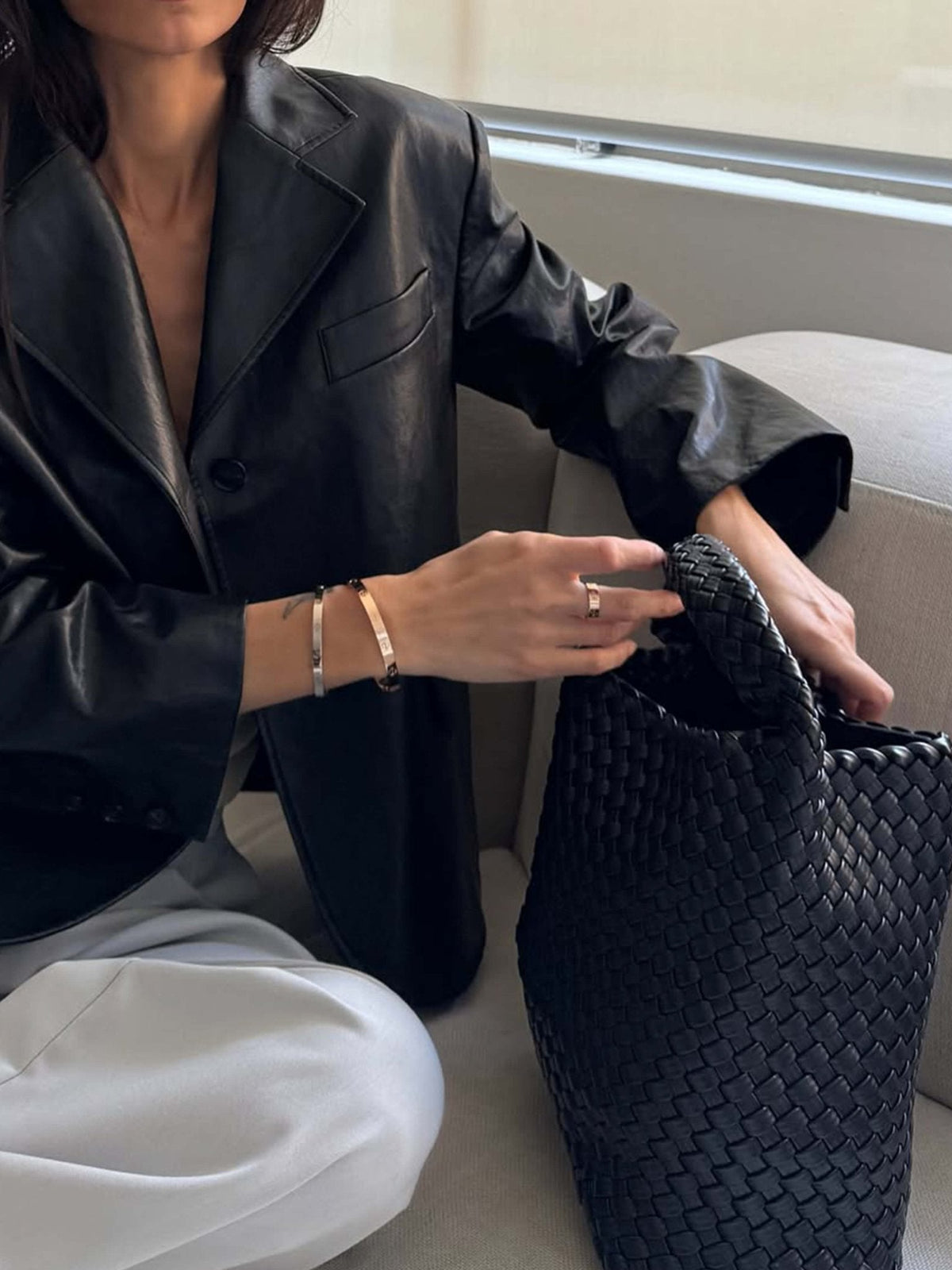 Women's Woven Faux Leather Medium Shopper Bag - additional product view | Hensley London
