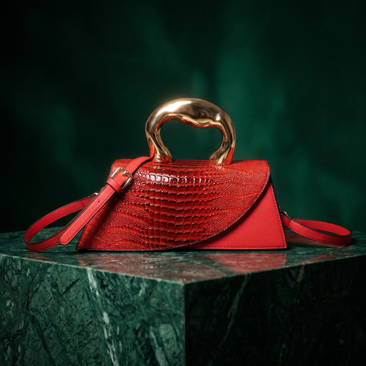 Women's Crocodile-Embossed Handbag – Sculptural Gold Handle