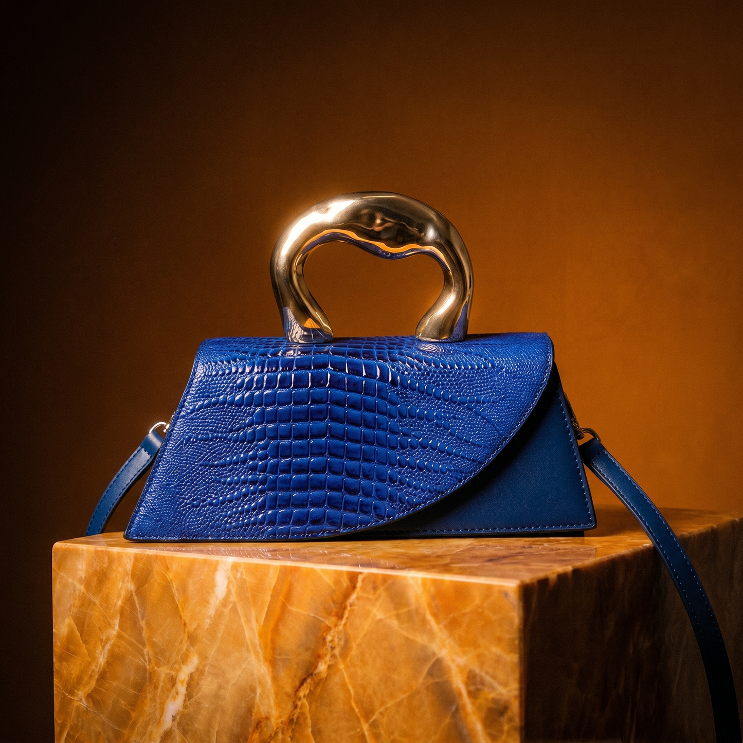 Women's Crocodile-Embossed Handbag – Sculptural Gold Handle