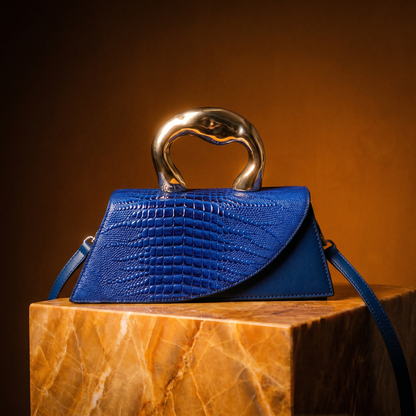 Women's Crocodile-Embossed Handbag – Sculptural Gold Handle