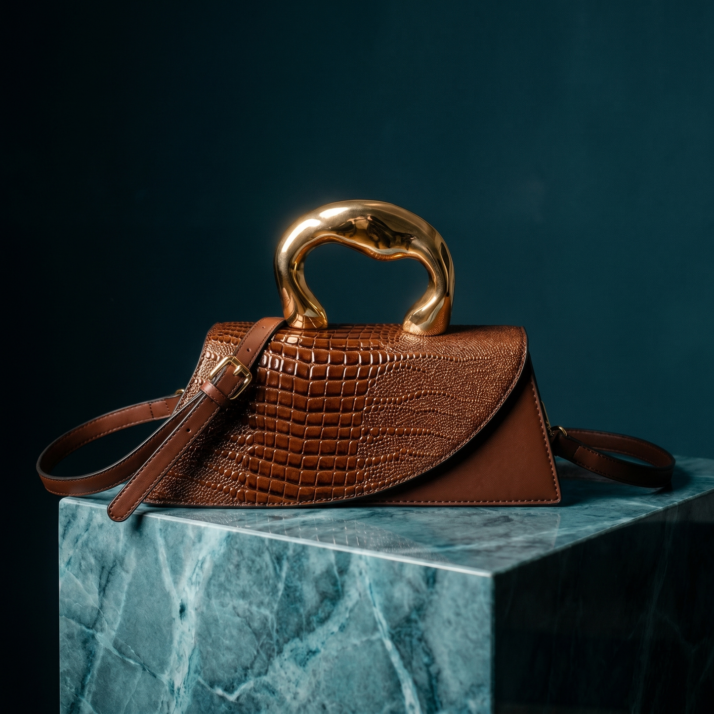 Women's Crocodile-Embossed Handbag – Sculptural Gold Handle