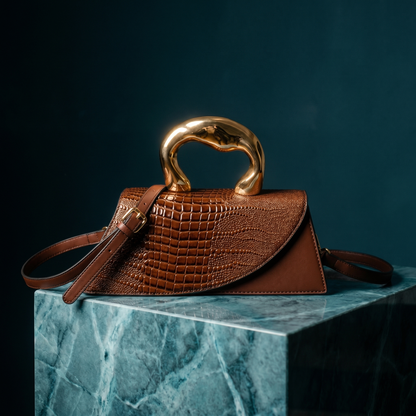Women's Crocodile-Embossed Handbag – Sculptural Gold Handle