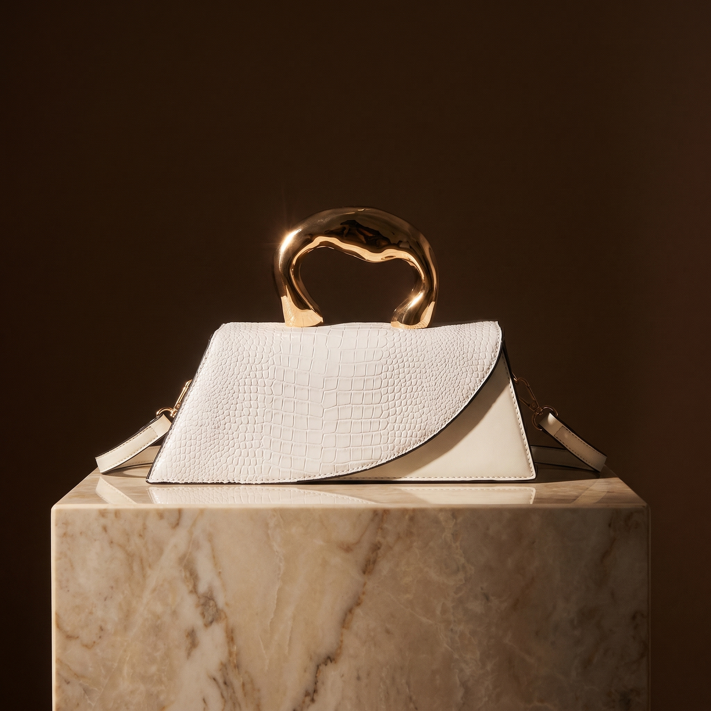 Women's Crocodile-Embossed Handbag – Sculptural Gold Handle