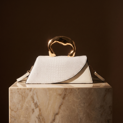 Women's Crocodile-Embossed Handbag – Sculptural Gold Handle