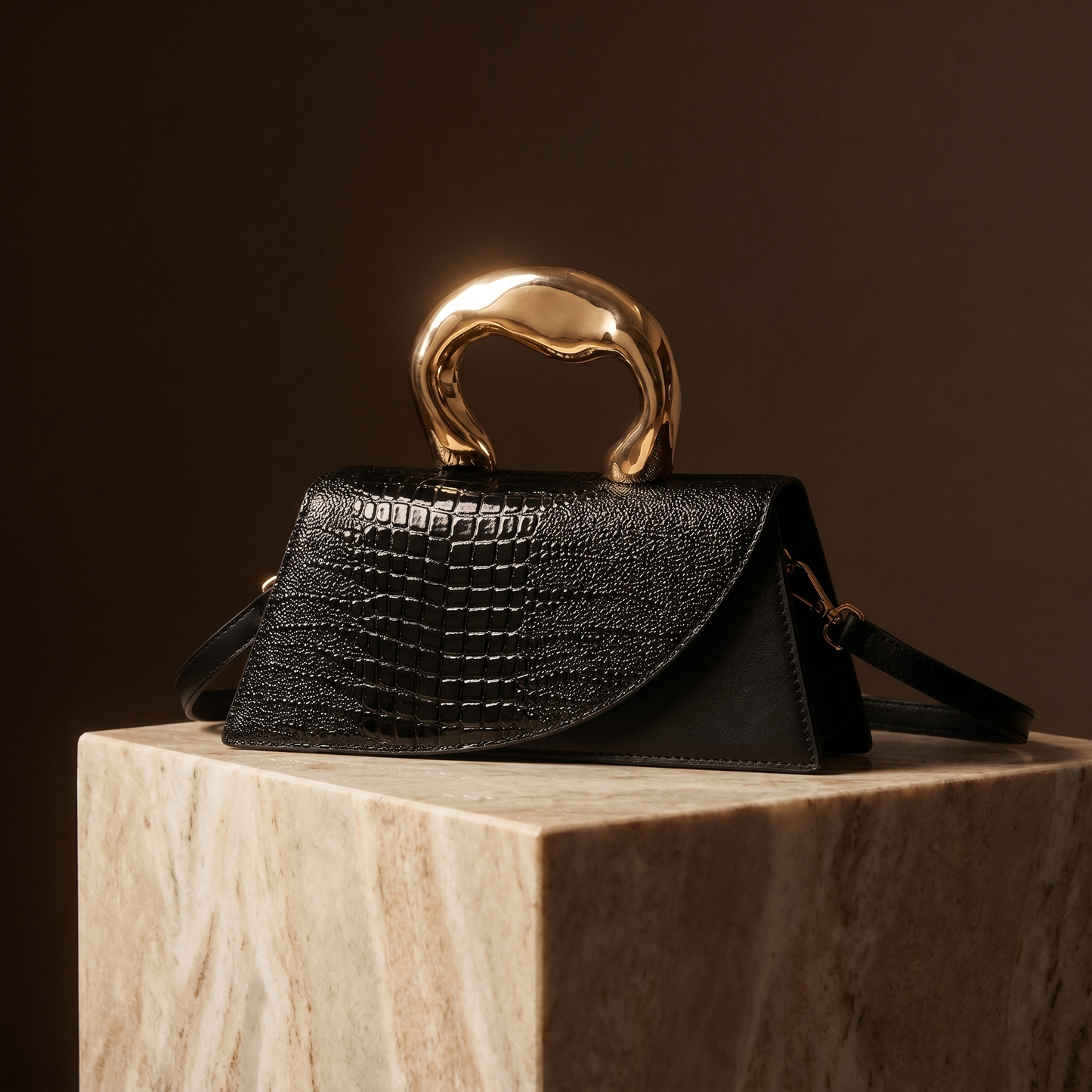 Women's Crocodile-Embossed Handbag – Sculptural Gold Handle
