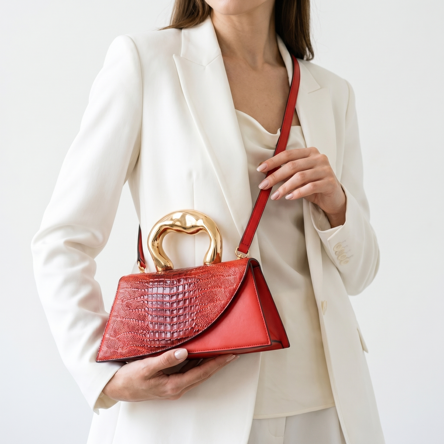 Women's Crocodile-Embossed Handbag – Sculptural Gold Handle
