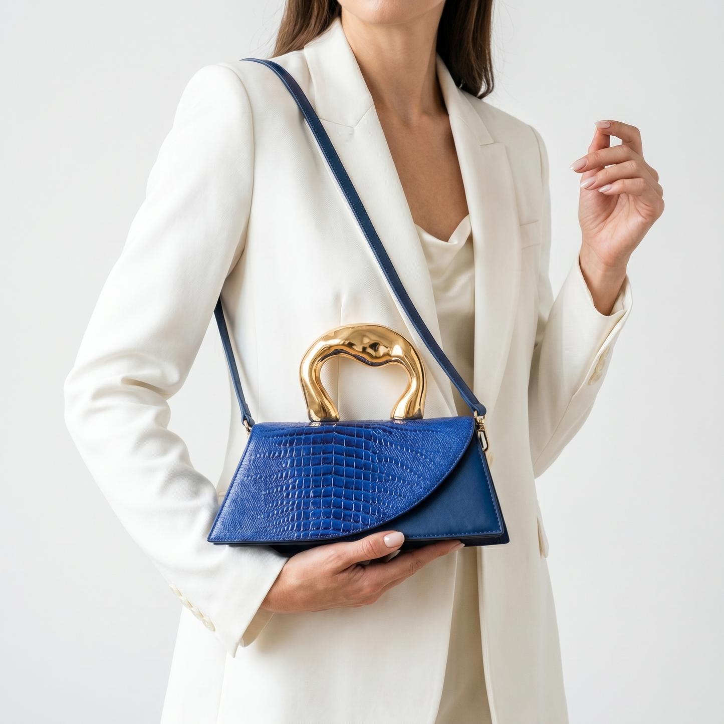 Women's Crocodile-Embossed Handbag – Sculptural Gold Handle