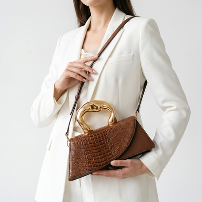 Women's Crocodile-Embossed Handbag – Sculptural Gold Handle