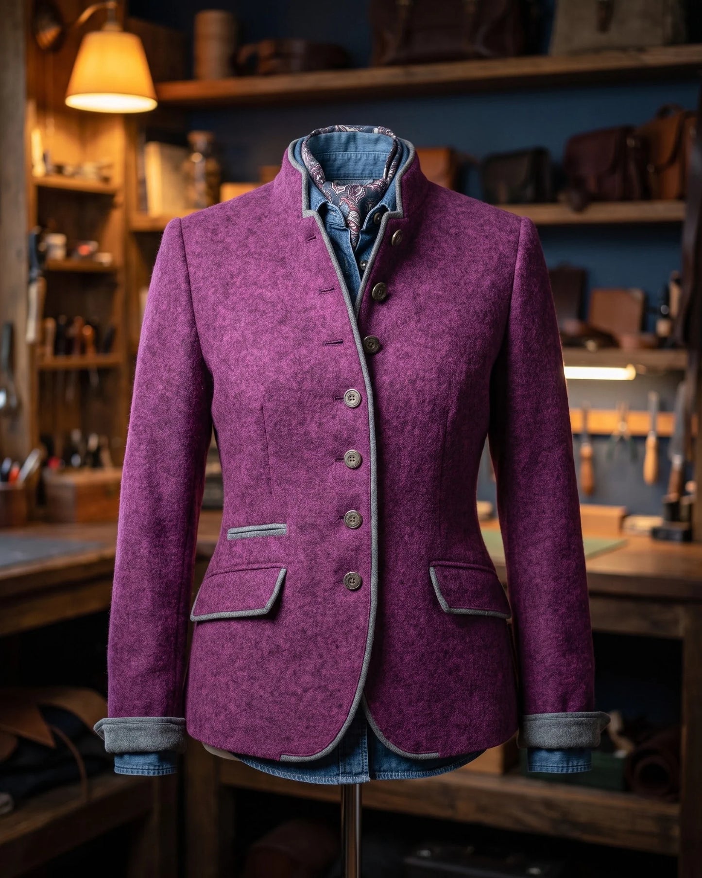 Women's Contrast-Trim Stand-Collar Fitted Jacket in Purple – additional view | Hensley London