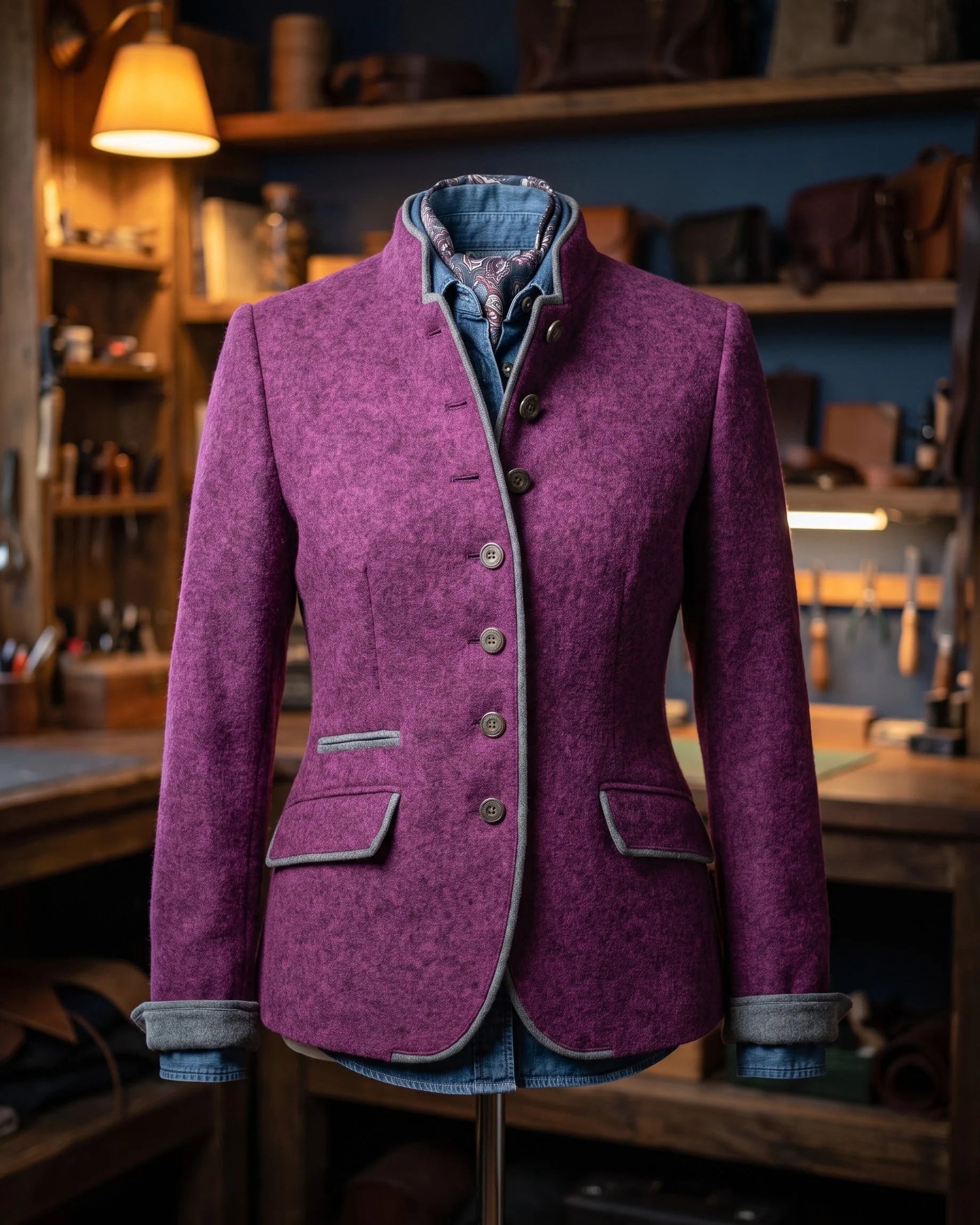 Women's Contrast-Trim Stand-Collar Fitted Jacket in Purple – additional view | Hensley London