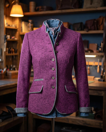 Women's Contrast-Trim Stand-Collar Fitted Jacket in Purple – additional view | Hensley London
