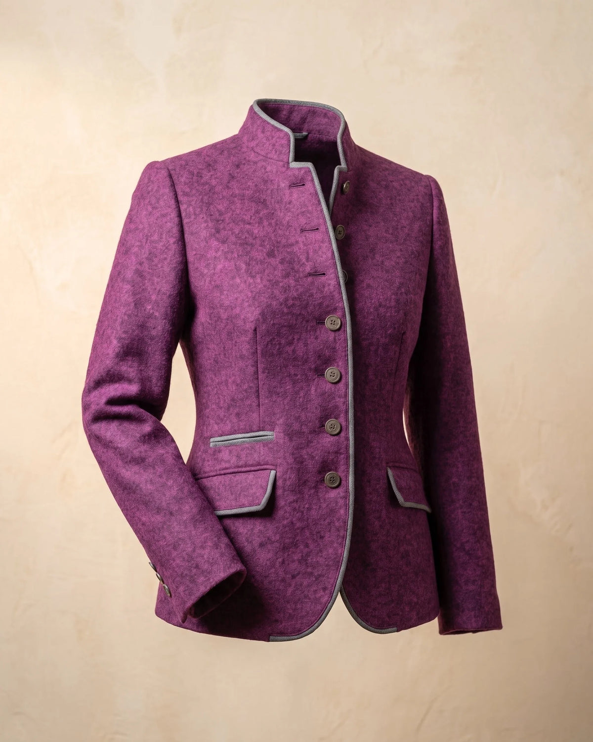 Women's Contrast-Trim Stand-Collar Fitted Jacket in Purple – product view | Hensley London