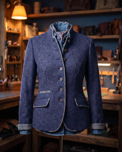 Women's Contrast-Trim Stand-Collar Fitted Jacket in Navy – additional view | Hensley London