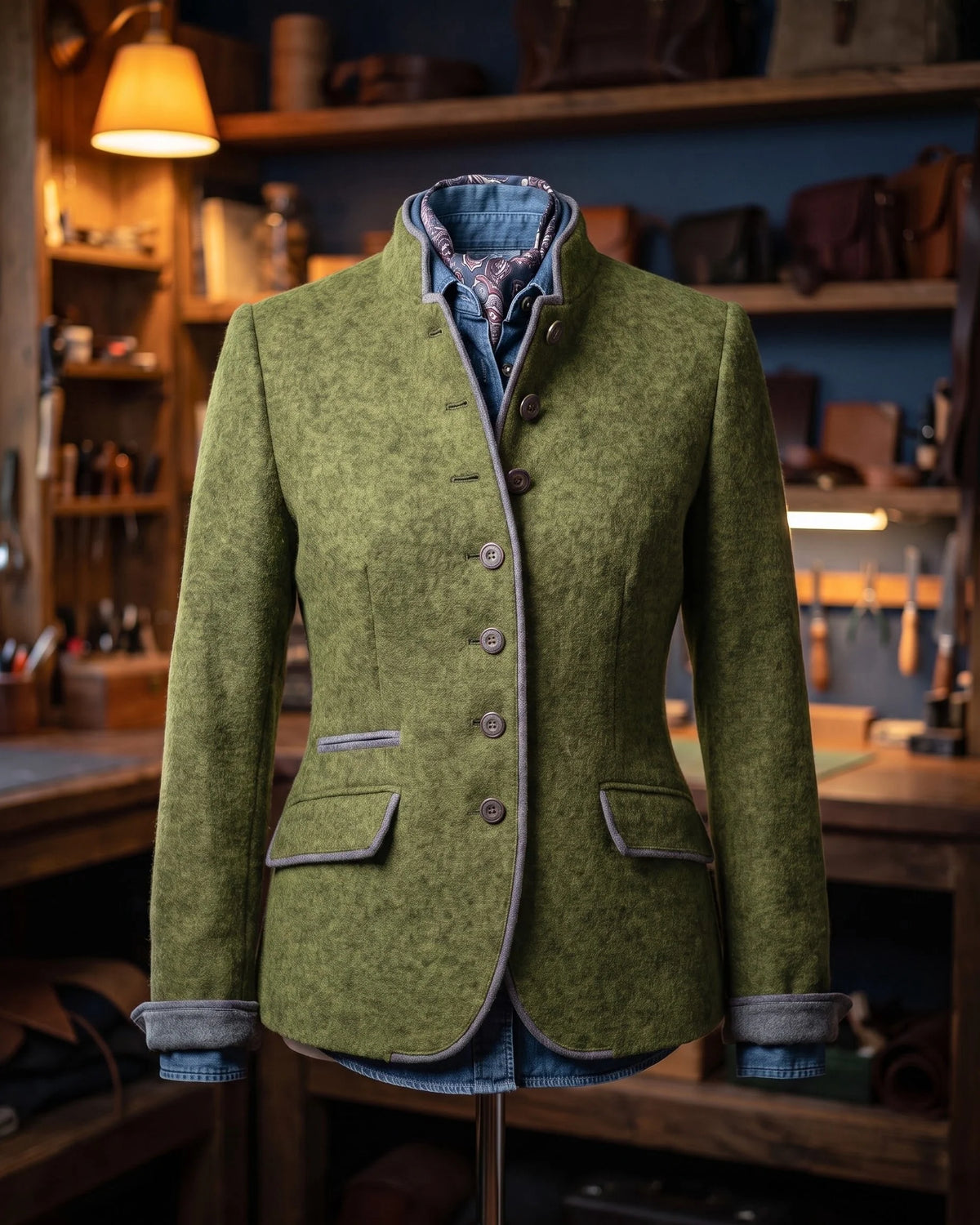 Women's Contrast-Trim Stand-Collar Fitted Jacket in Green – additional view | Hensley London