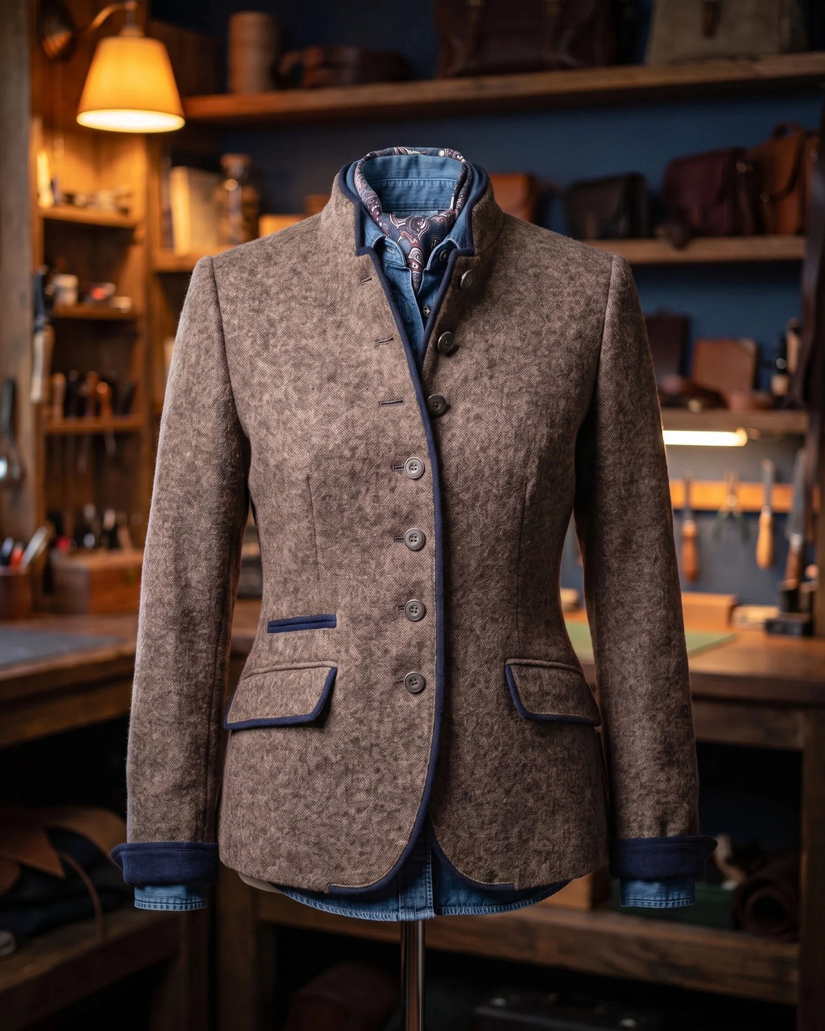 Women's Contrast-Trim Stand-Collar Fitted Jacket in Brown – additional view | Hensley London