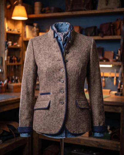 Women's Contrast-Trim Stand-Collar Fitted Jacket in Brown – additional view | Hensley London