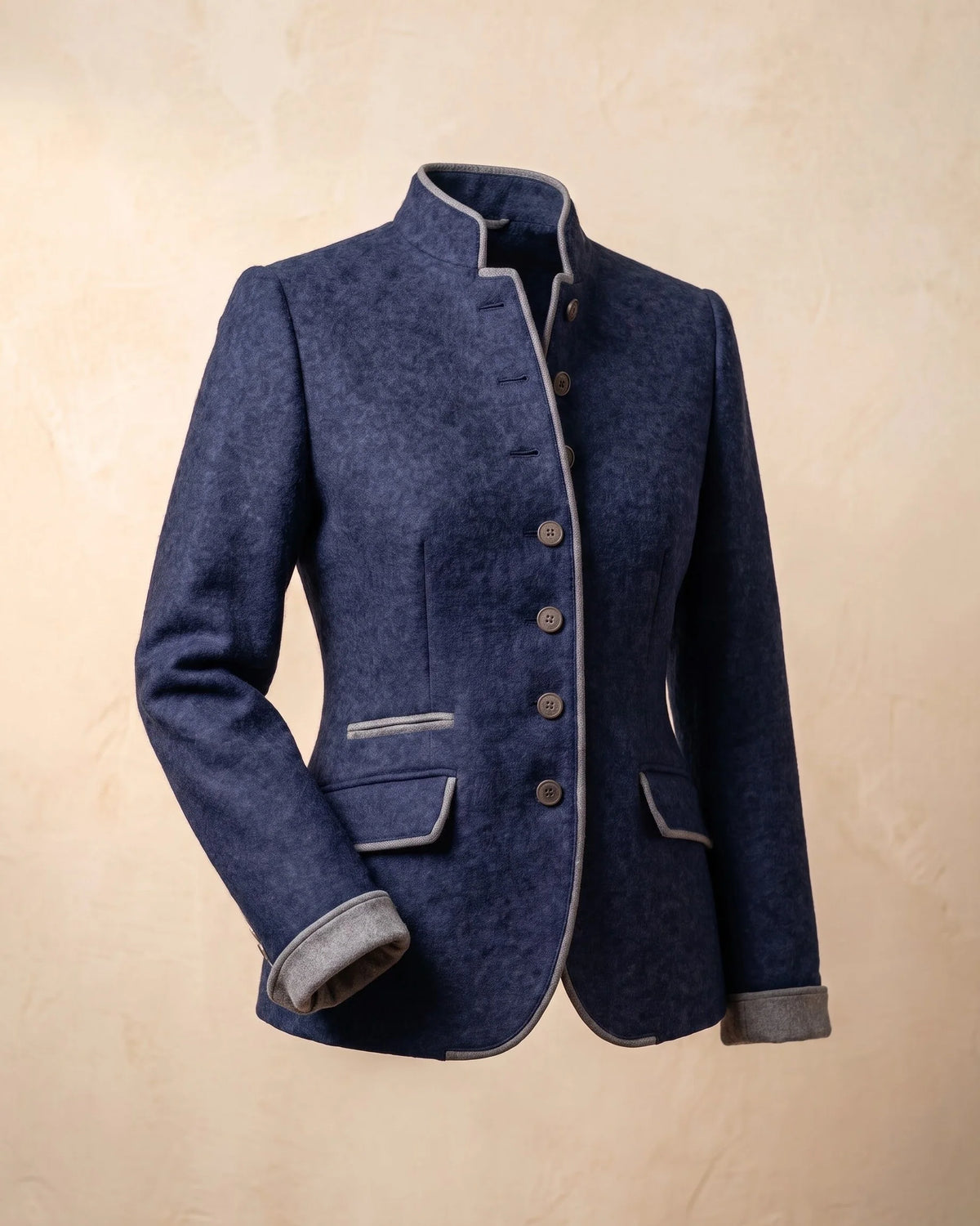 Women's Contrast-Trim Stand-Collar Fitted Jacket in Navy – product view | Hensley London