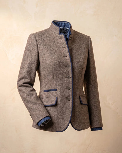 Women's Contrast-Trim Stand-Collar Fitted Jacket in Brown – product view | Hensley London