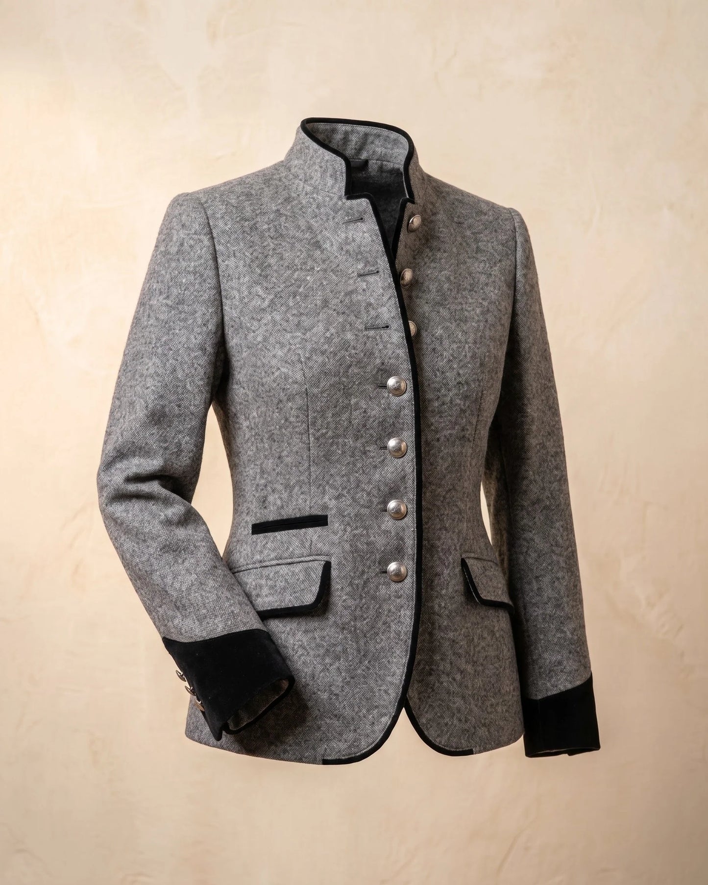 Women's Contrast-Trim Stand-Collar Fitted Jacket in Gray – product view | Hensley London