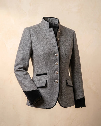 Women's Contrast-Trim Stand-Collar Fitted Jacket in Gray – product view | Hensley London