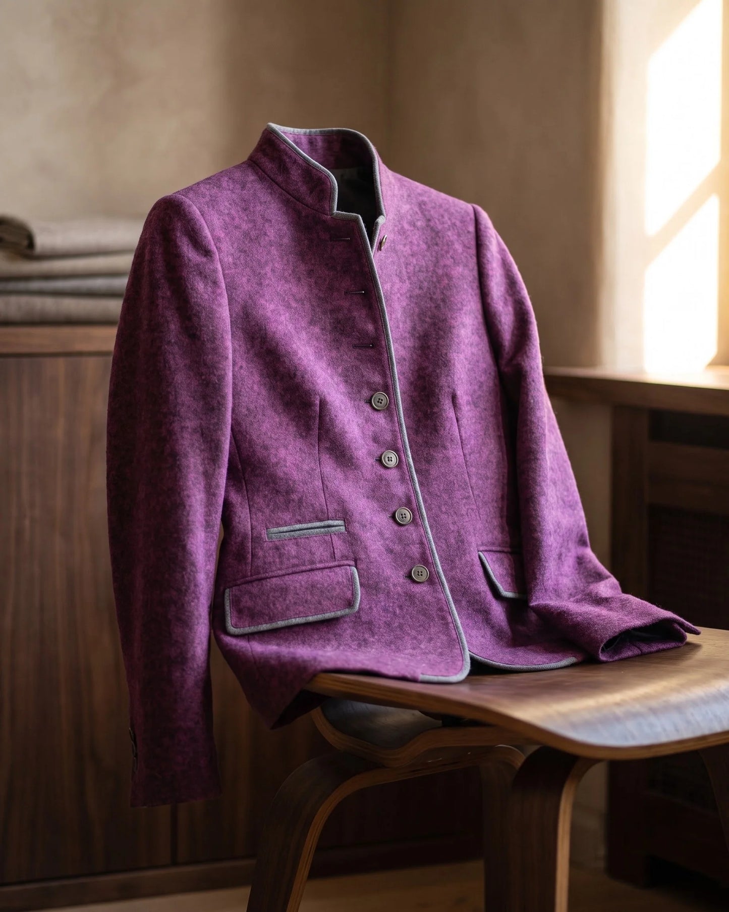 Women's Contrast-Trim Stand-Collar Fitted Jacket in Purple – additional view | Hensley London