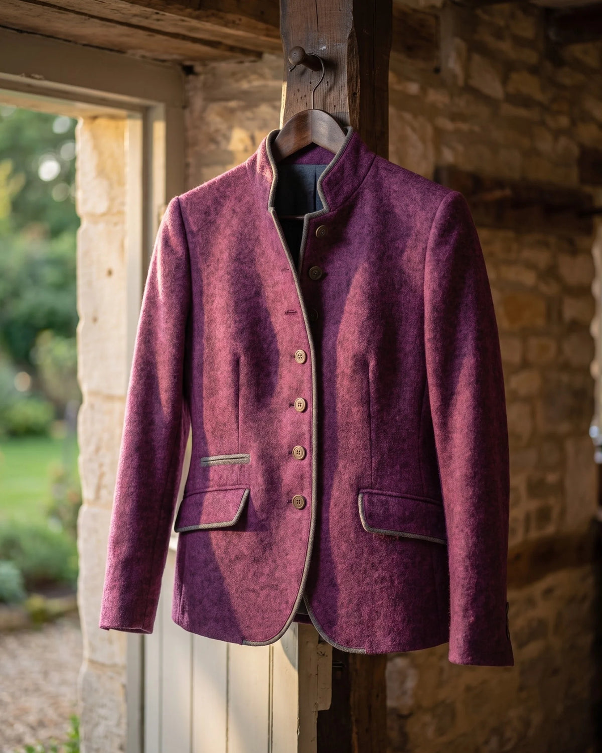 Women's Contrast-Trim Stand-Collar Fitted Jacket in Purple – additional view | Hensley London