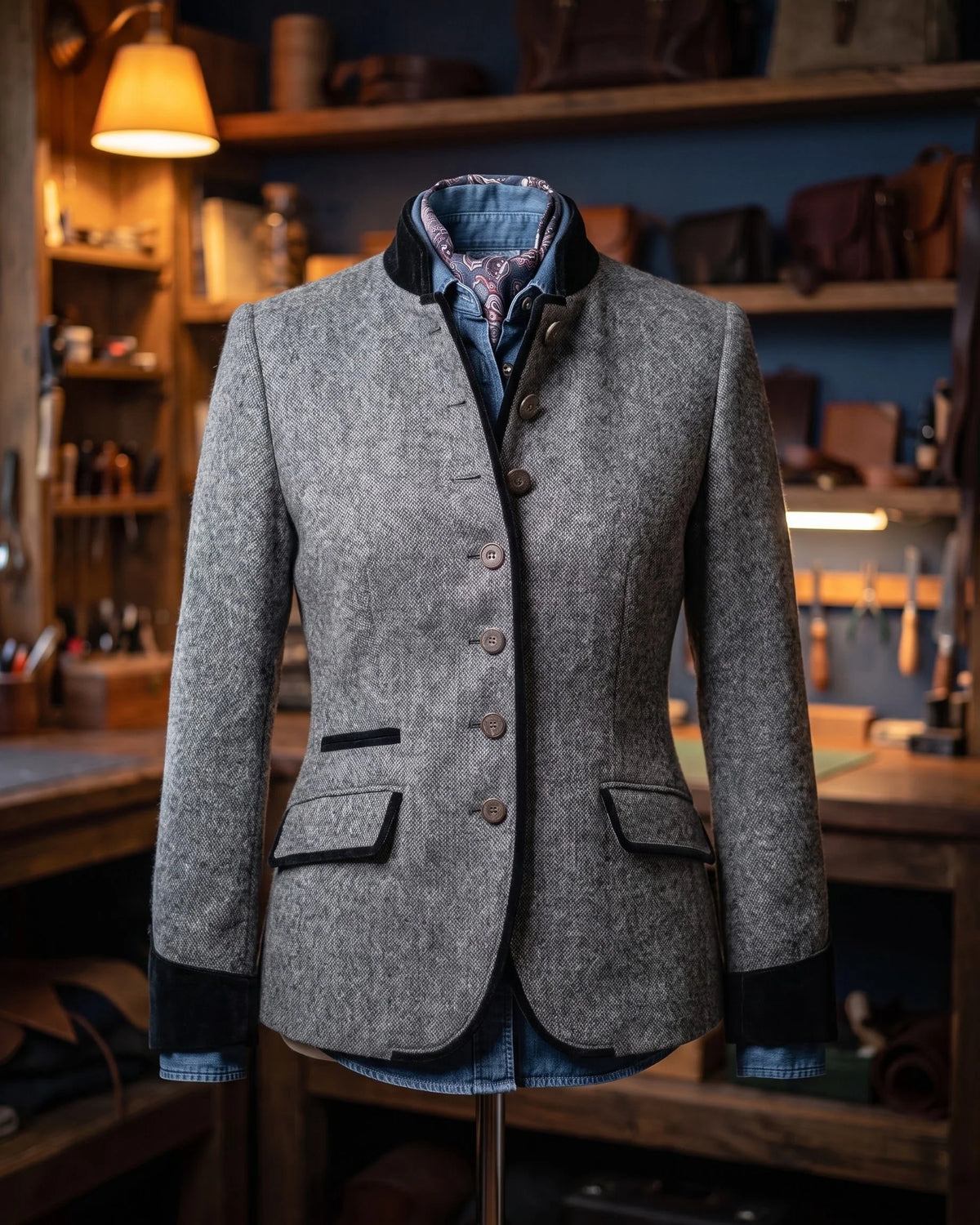 Women's Contrast-Trim Stand-Collar Fitted Jacket in Gray – additional view | Hensley London