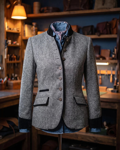 Women's Contrast-Trim Stand-Collar Fitted Jacket in Gray – additional view | Hensley London