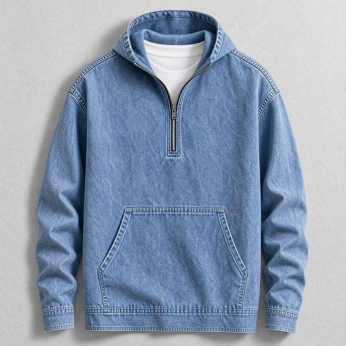 Men's Denim Quarter-Zip Pocket Hoodie in Blue – product view | Hensley London