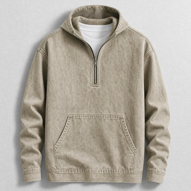 Men's Denim Quarter-Zip Pocket Hoodie in Sand – product view | Hensley London