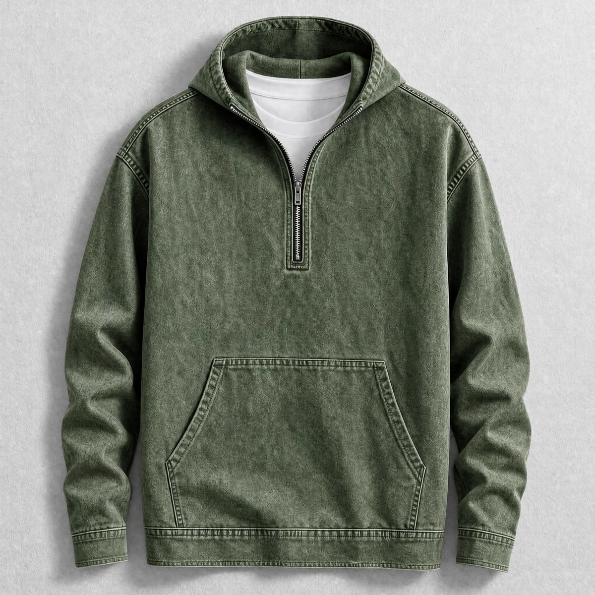 Men's Denim Quarter-Zip Pocket Hoodie in Green – product view | Hensley London