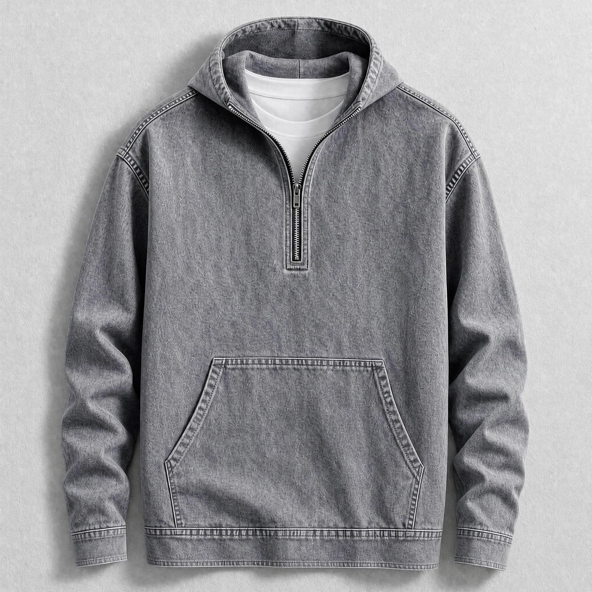 Men's Denim Quarter-Zip Pocket Hoodie in Gray – product view | Hensley London