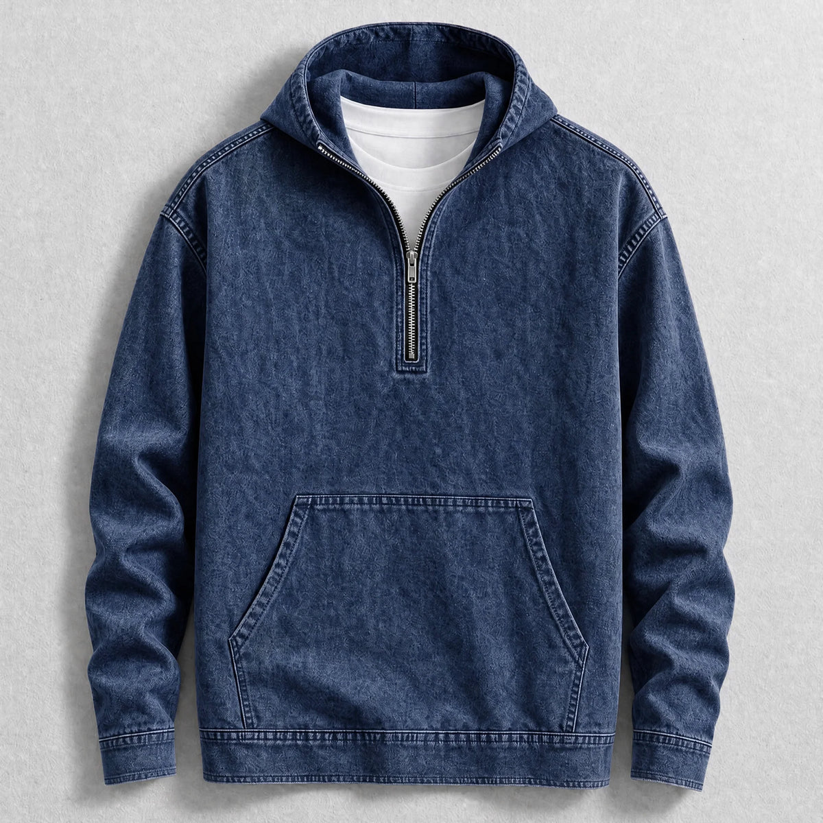 Men's Denim Quarter-Zip Pocket Hoodie in Navy – product view | Hensley London