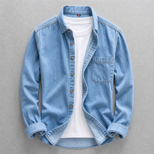 Men's Cotton Denim Button-Up Shirt – product view | Hensley London