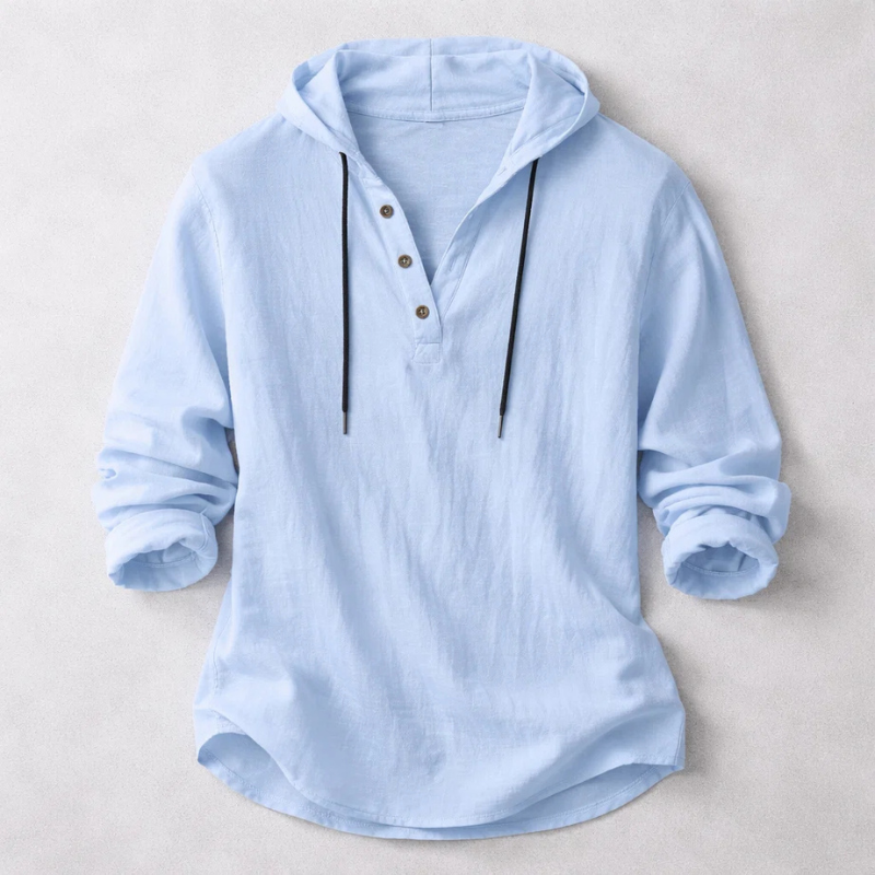 Men's Cotton-Linen Hooded Henley Shirt – product view | Hensley London