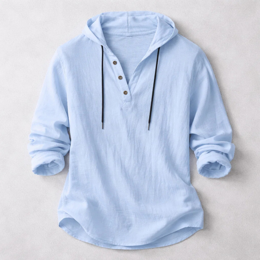 Men's Cotton-Linen Hooded Henley Shirt – product view | Hensley London