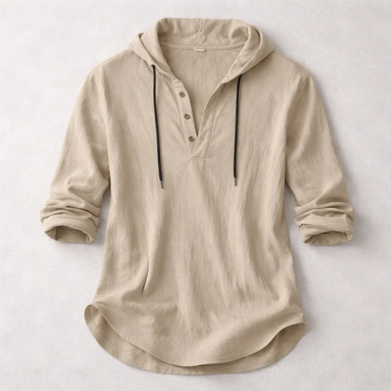 Men's Cotton-Linen Hooded Henley Shirt – product view | Hensley London