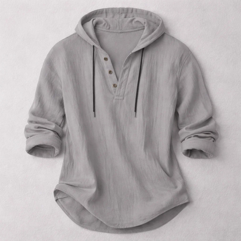Men's Cotton-Linen Hooded Henley Shirt – product view | Hensley London