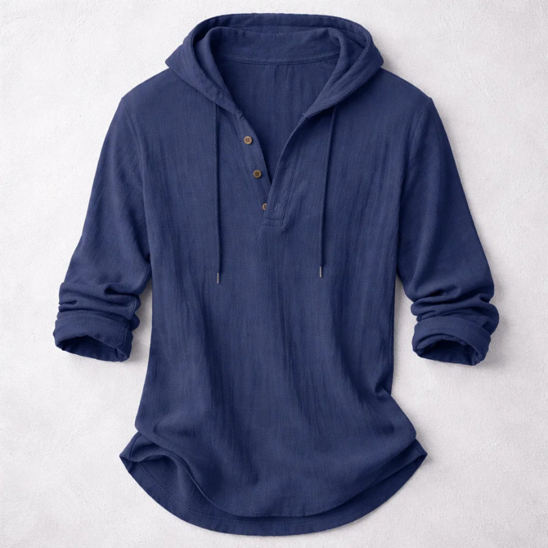 Men's Cotton-Linen Hooded Henley Shirt – product view | Hensley London
