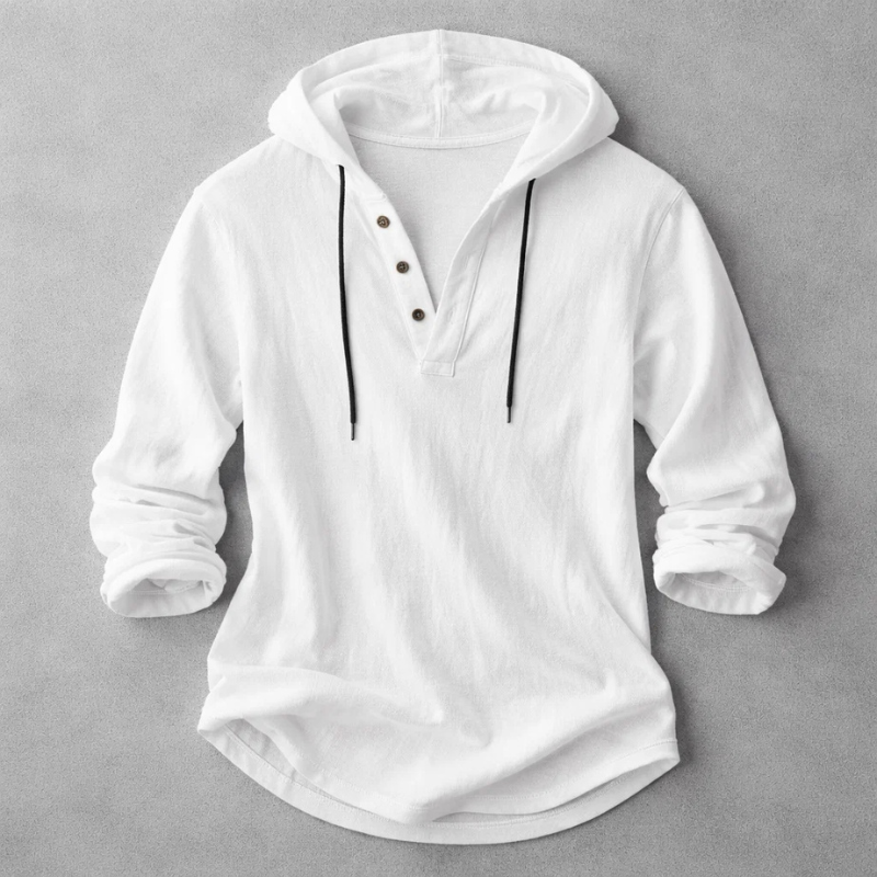 Men's Cotton-Linen Hooded Henley Shirt – product view | Hensley London