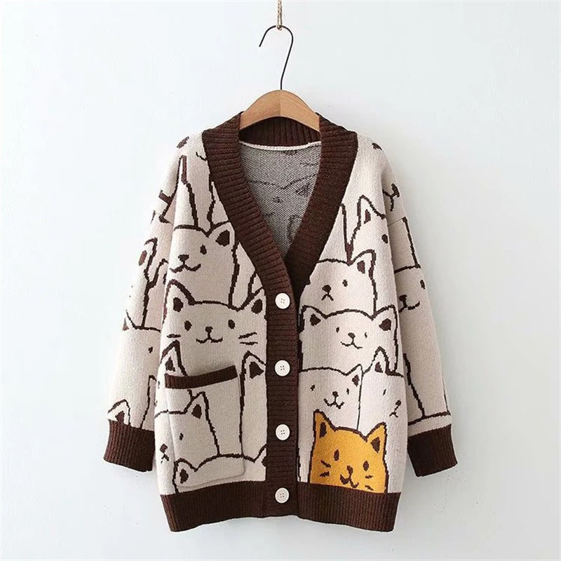 Cartoon Cat Print Knitted V-neck Winter Cardigan Sweaters 1