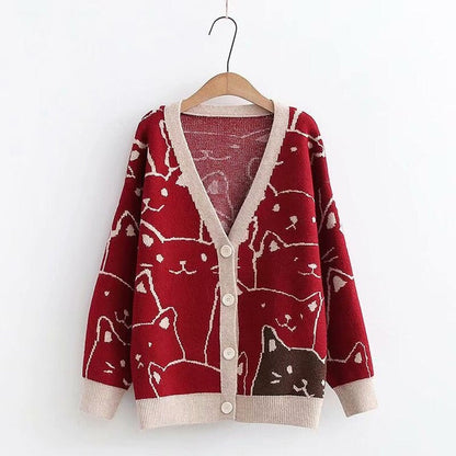 Cartoon Cat Print Knitted V-neck Winter Cardigan Sweaters 10