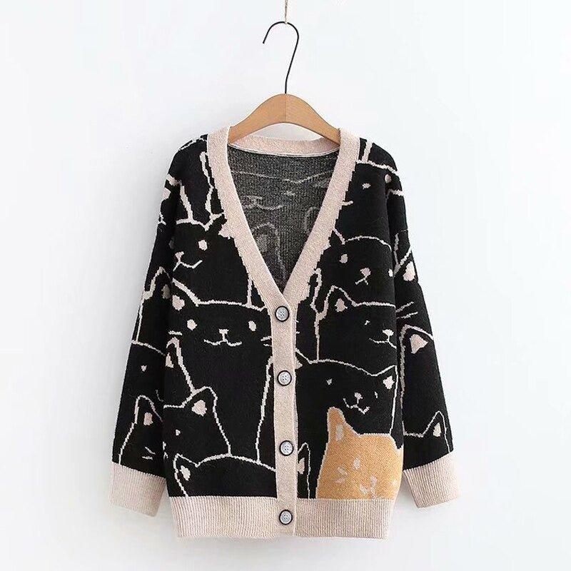 Cartoon Cat Print Knitted V-neck Winter Cardigan Sweaters 11