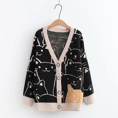 Cartoon Cat Print Knitted V-neck Winter Cardigan Sweaters 11