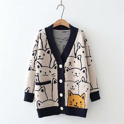 Cartoon Cat Print Knitted V-neck Winter Cardigan Sweaters 2