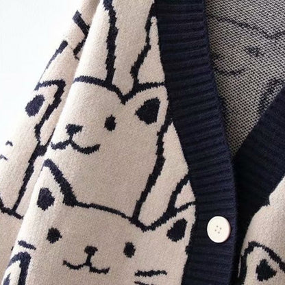 Cartoon Cat Print Knitted V-neck Winter Cardigan Sweaters 6