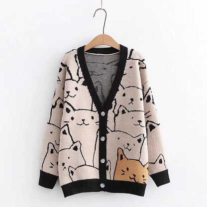 Cartoon Cat Print Knitted V-neck Winter Cardigan Sweaters 8