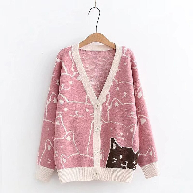 Cartoon Cat Print Knitted V-neck Winter Cardigan Sweaters 9