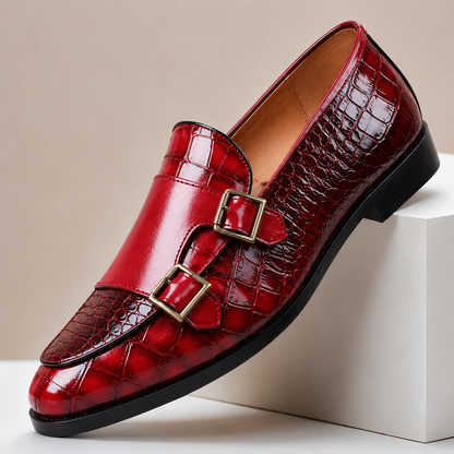 Men's Embossed Leather Double-Buckle Loafers – main view | Hensley London