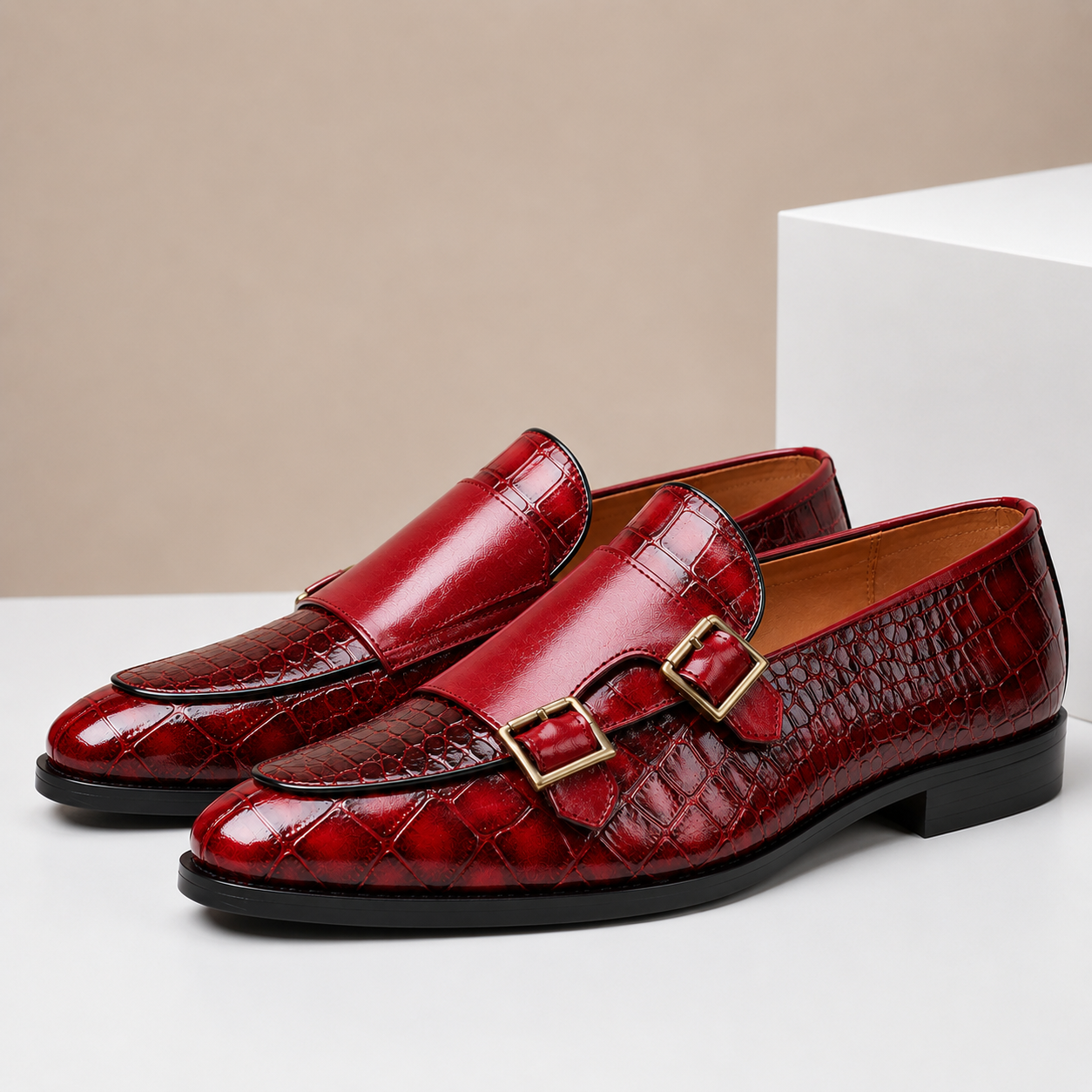 Men's Embossed Leather Double-Buckle Loafers – side view | Hensley London